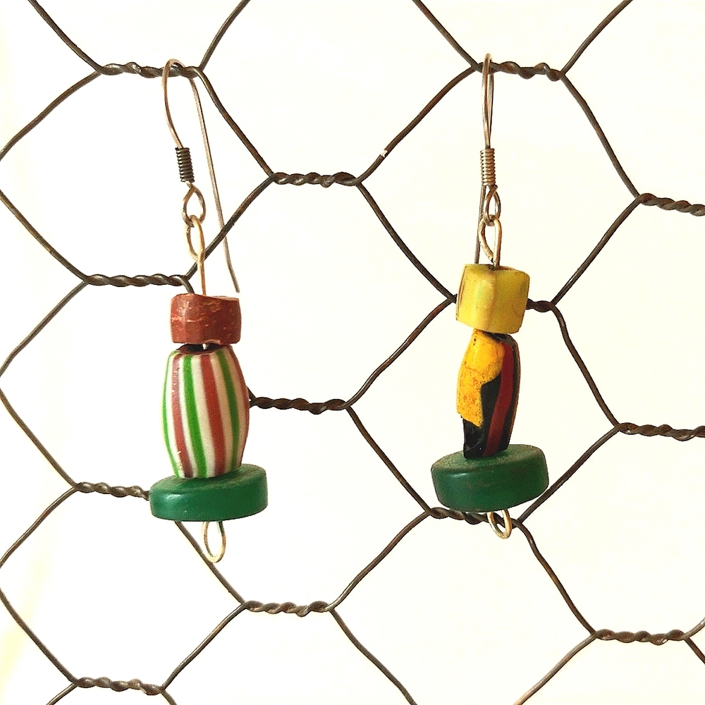Vintage Earrings African Trade Bead Handmade Jewelry Pierced Green Yellow
